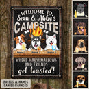 Welcome To Family Camp Site, Where Marshmallows And Friends Get Toasted, Dog & Beverage, Personalized Dog Lovers Metal Sign