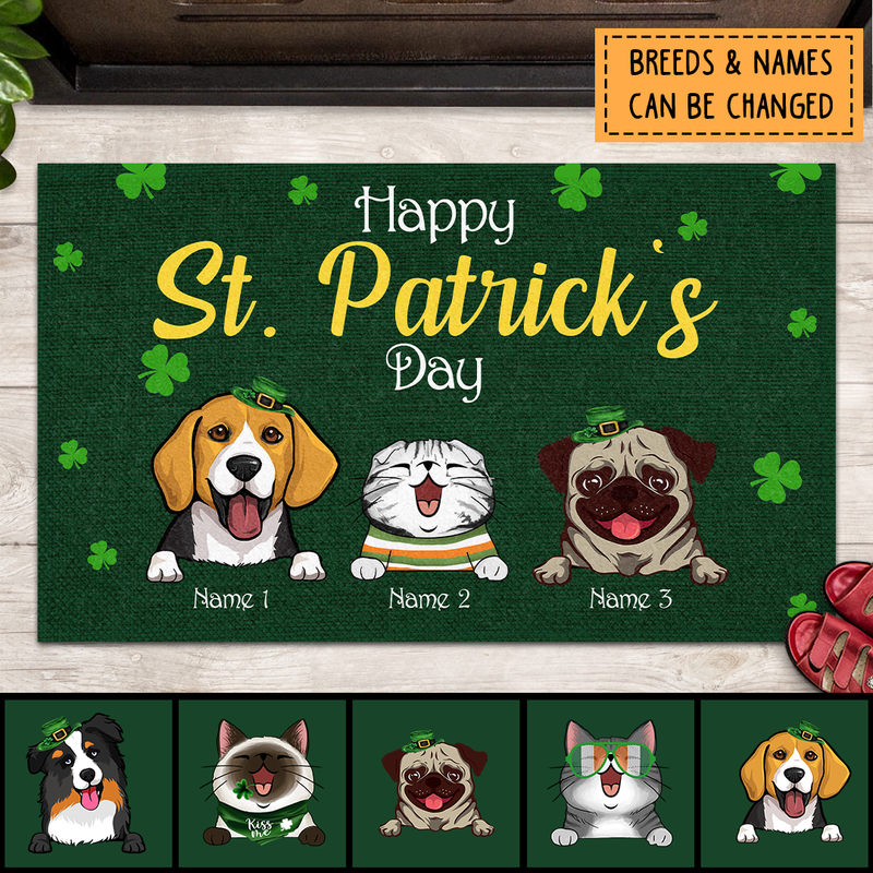 Happy St Patrick's Day Doormat, Saint Patricks Day Home Decor, Gifts For Pet Lovers, Shamrock Green Background