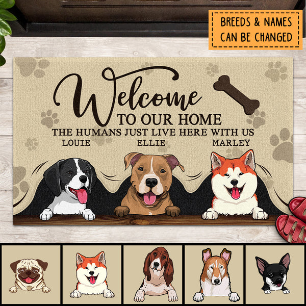 Welcome To Our Home, Dogs Under Beige Curtain, Housewarming Gift, Dog Mom Dog Dad Gift, Personalized Dog Lovers Doormat