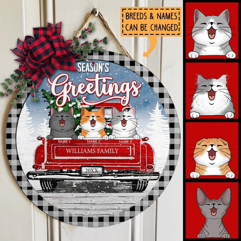 Season's Greetings - Cats On Red Truck - Personalized Cat Christmas Door Sign