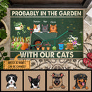 Probably In The Garden With Our Cats, Cat On The Wheelbarrow, Personalized Cat Doormat