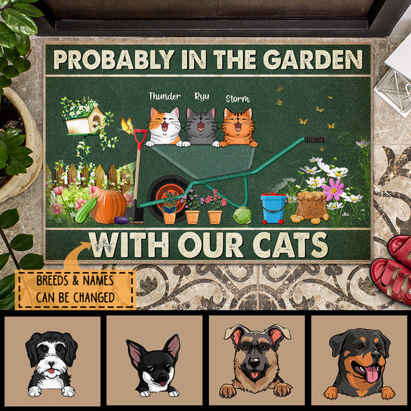 Probably In The Garden With Our Cats, Cat On The Wheelbarrow, Personalized Cat Doormat