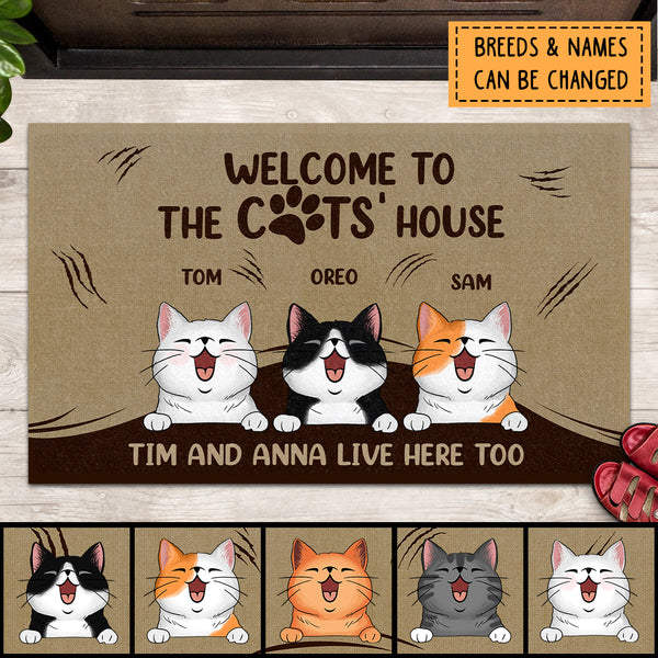 Welcome To Cats' House, Cute Naughty Cats Under Light Brown Curtain, Personalized Cat Lovers Doormat