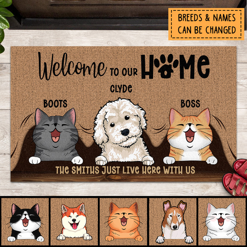 Welcome To Our Home, Pets Under Curtain, Gift For Pets, Front Door Deco, Personalized Dog & Cat Lovers Door Mat