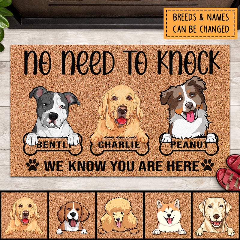 No  Need To Knock, We Know You Are Here, Brown Background, Housewarming Gift, Personalized Dog Lovers Doormat