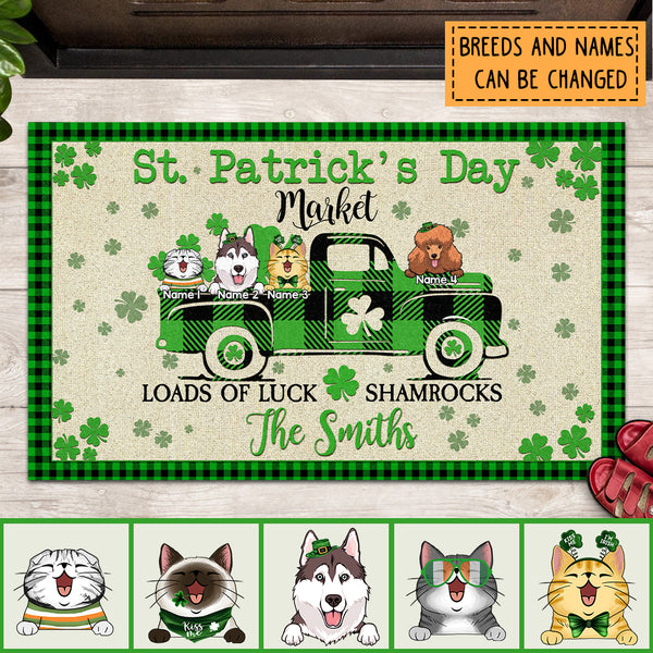 St Patrick's Day, Pets On Plaid Car & Shamrocks, Welcome Mat, Housewarming Gift, Personalized Dog & Cat Lovers Doormat