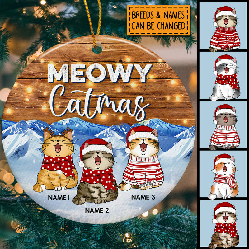 Meowy Catmas, Ice Mountain Circle Ceramic Ornament, Personalized Cat Breeds Ornament, Christmas Gifts For Cat Lovers