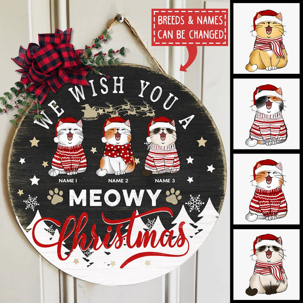 We Wish You A Meowy Christmas, Snowflake & Santa Door Hanger, Personalized Cat Breeds Door Sign, Xmas Front Door Decor