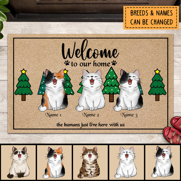 Welcome To Our Home, Christmas Pine Trees, Housewarming Gift, Front Door Mat, Personalized Cat Lovers Doormat