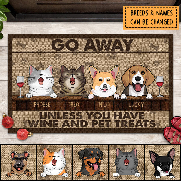 Go Away, Unless You Have Wine And Pet Treats, Light Brown With Pawprints & Bones, Personalized Dog & Cat Lovers Doormat