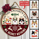 On The Naughty List We Regret Nothing, Paw, Bones, Snow, Reindeer On The Yellow And Wine Color Background, Personalized Cat Lovers Christmas Door Sign
