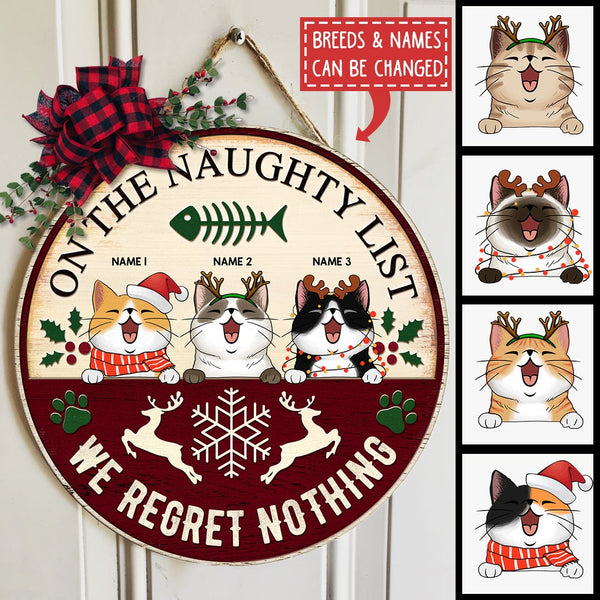 On The Naughty List We Regret Nothing, Paw, Bones, Snow, Reindeer On The Yellow And Wine Color Background, Personalized Cat Lovers Christmas Door Sign