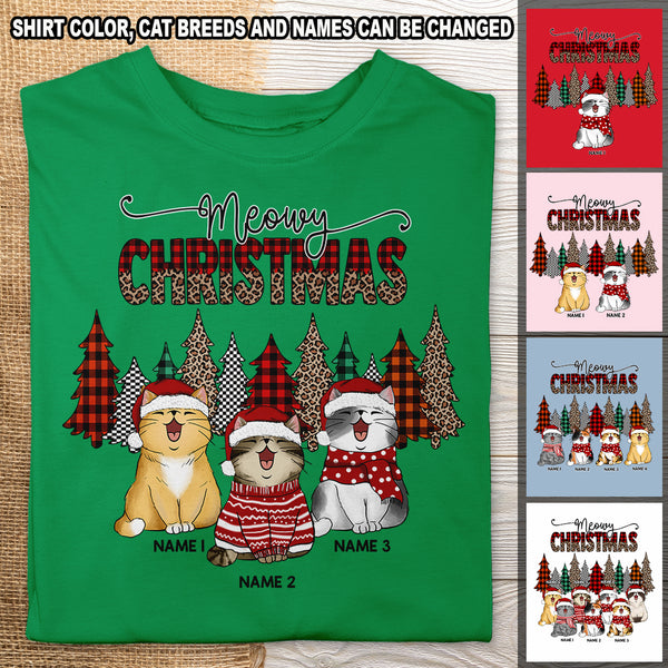 Meowy Christmas, Leopard & Plaid Christmas Trees, Personalized Cat Breeds T-shirt, T-shirt For Cat Lovers