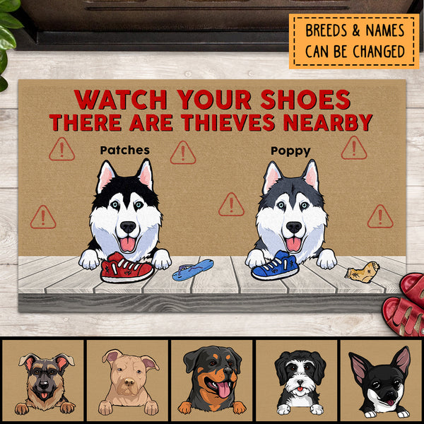 Watch Your Shoes, There Are Thieves Nearby, Funny Quote, Brown Beige Background, Personalized Dog Lovers Doormat