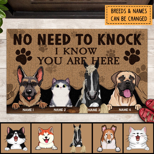 No Need To Knock We Know You Are Here, Pet Peeking From Curtain, Personalized Dog & Cat & Horse Doormat, Home Decor