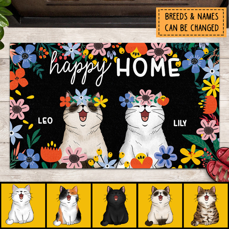 Happy Home, Floral Background, Housewarming Gift, Cat Rug, Home Decor Mat, Personalized Cat Lovers Doormat