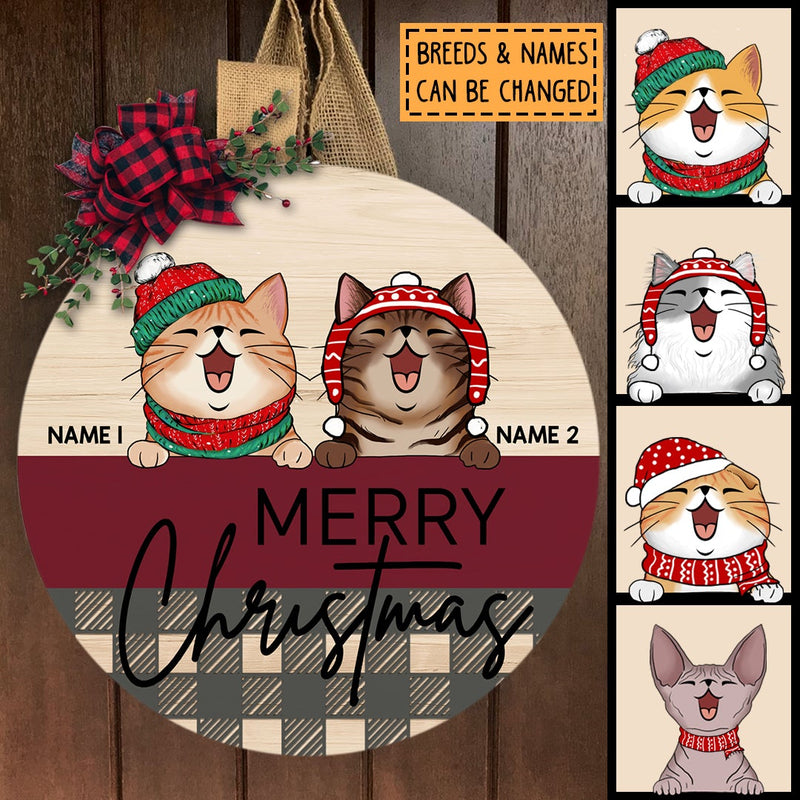 Merry Christmas - Pale, Red & Plaid - Personalized Cat Christmas Door Sign