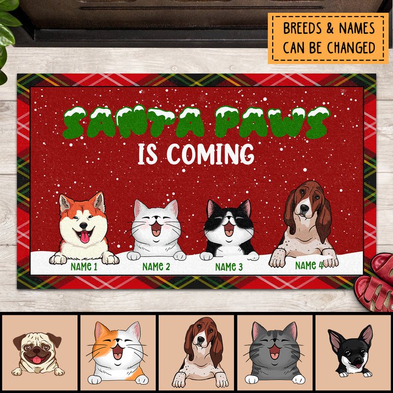 Santa Paws Is Coming, Red & White Background, Welcome Mat, Housewarming Decor, Personalized Dog & Cat Lovers Doormat