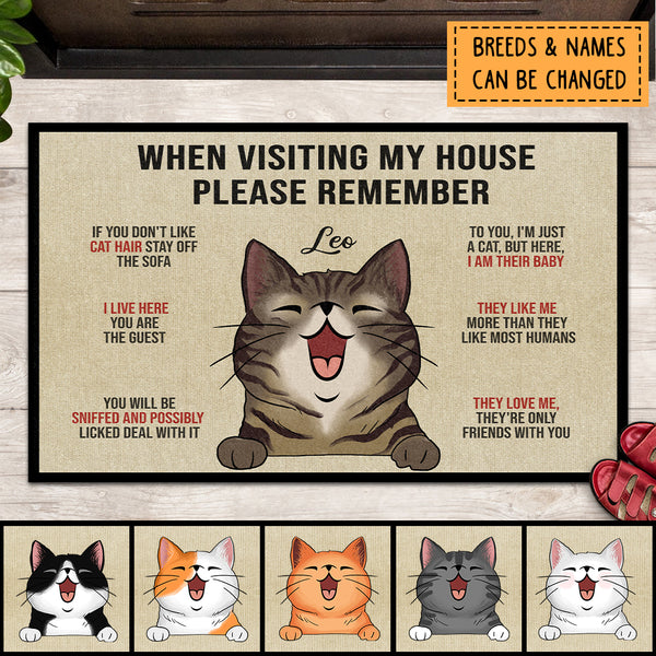 When Visiting Our House, Please Remember, Fuuny Cat Rules, Beige Background, Personalized Cat Lovers Doormat