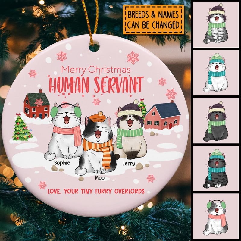 Merry Christmas Human Servant Circle Ceramic Ornament, Light Pink Wooden, Personalized Cat Lovers Christmas Gift