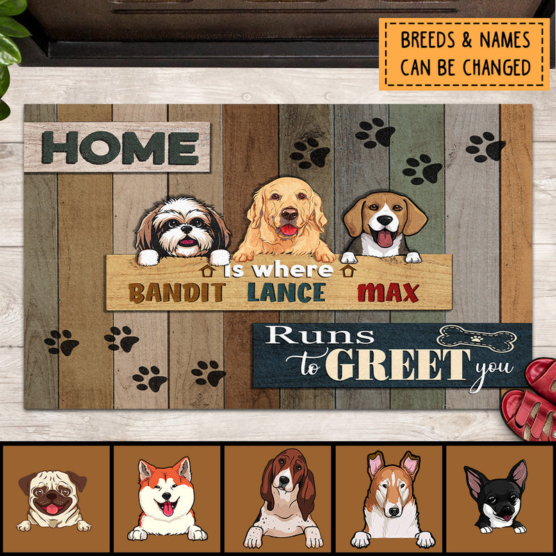 Home Is Where, Runs To Greet You, Dog Paws & Colorful Wooden Background, Personalized Dog Lovers Doormat