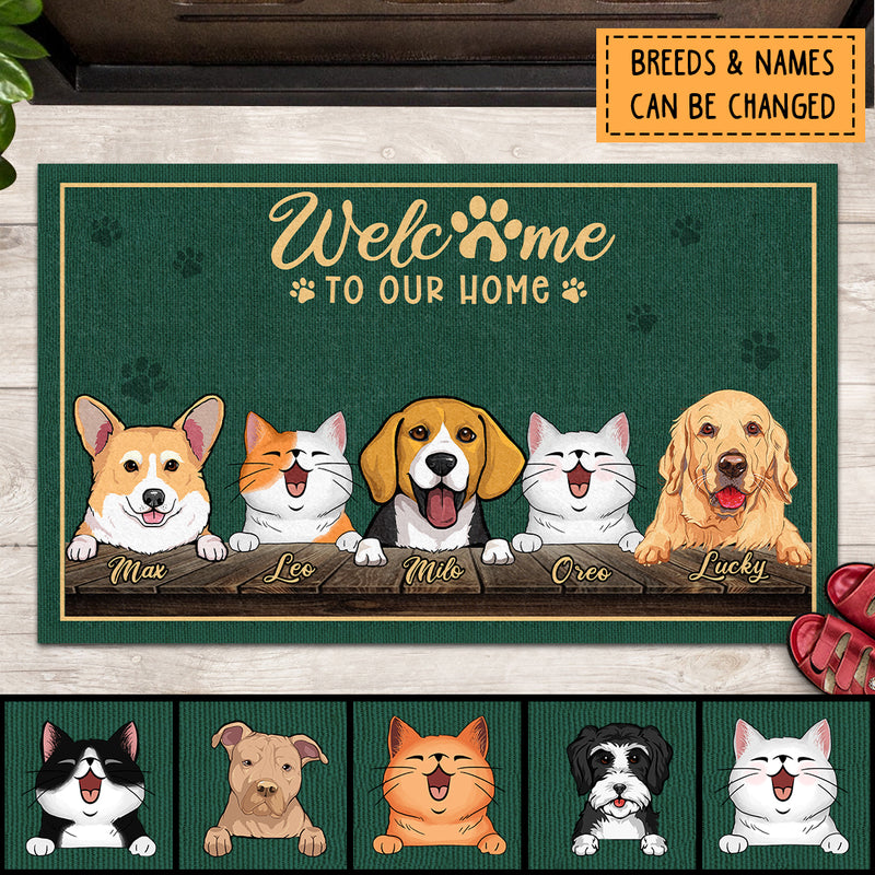Welcome To Our Home, Dark Green With Pet Pawprints Background, Personalized Dog & Cat Lovers Doormat
