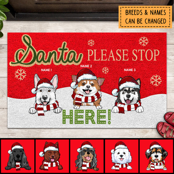 Santa Please Stop Here, Red & White Background, Personalized Dog Christmas Doormat