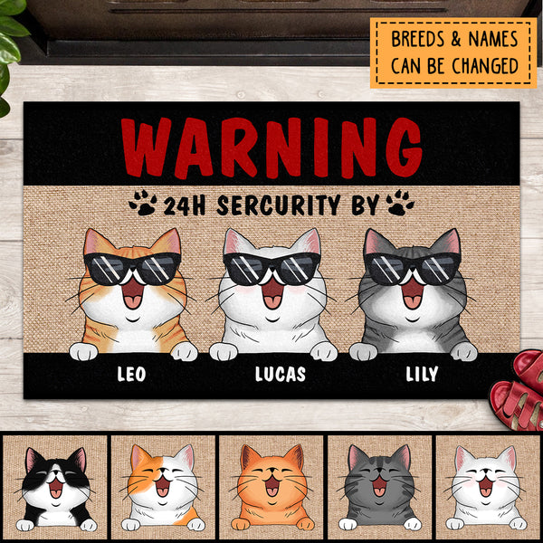 Warning, 24h Security By, Canvas Background, Funny Gift For  Cat Dad, Personalized Cat Lovers Doormat