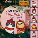 Meowy Christmas Circle Ceramic Ornament, Pink Background, Personalized Cat Lovers Decorative Christmas Ornament