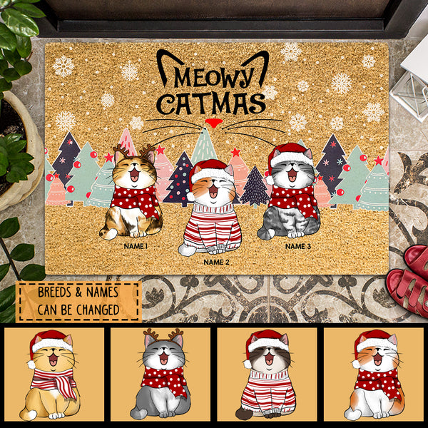 Meowy Catmas - Christmas Cat With Pine Trees - Personalized Cat Christmas Doormat