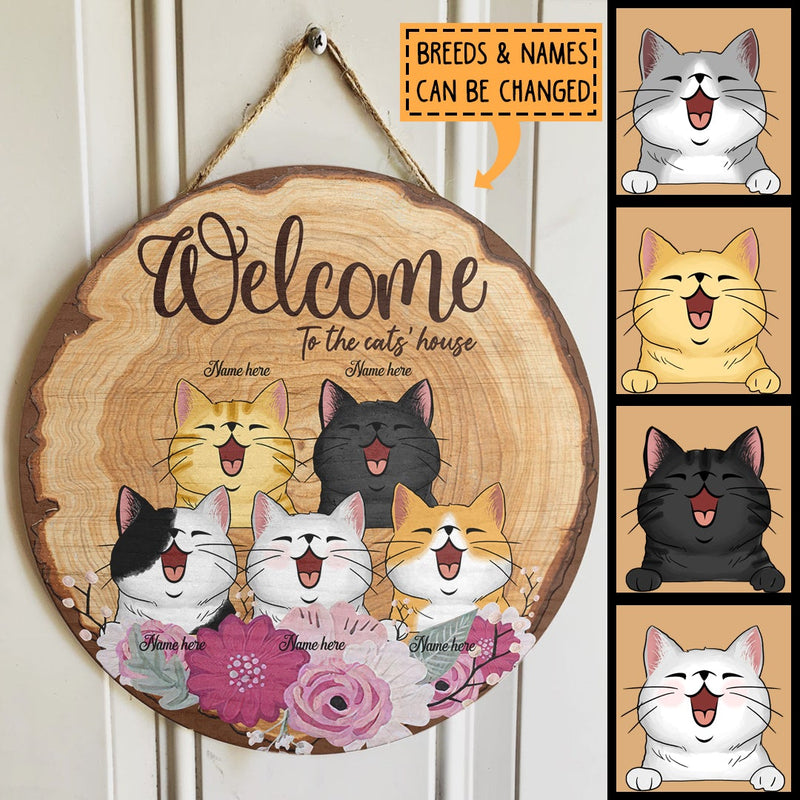Welcome To The Cat's House - Flowers - Personalized Door Sign