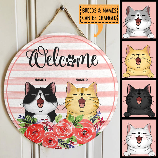 Welcome - Pink Flowers - Personalized Cat Door Sign