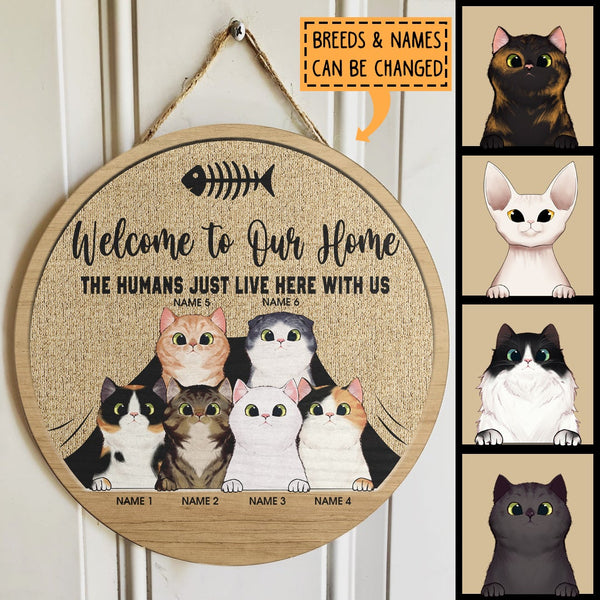 Welcome To Our Home - Cats Hiding Behind Curtain - Personalized Cat Door Sign