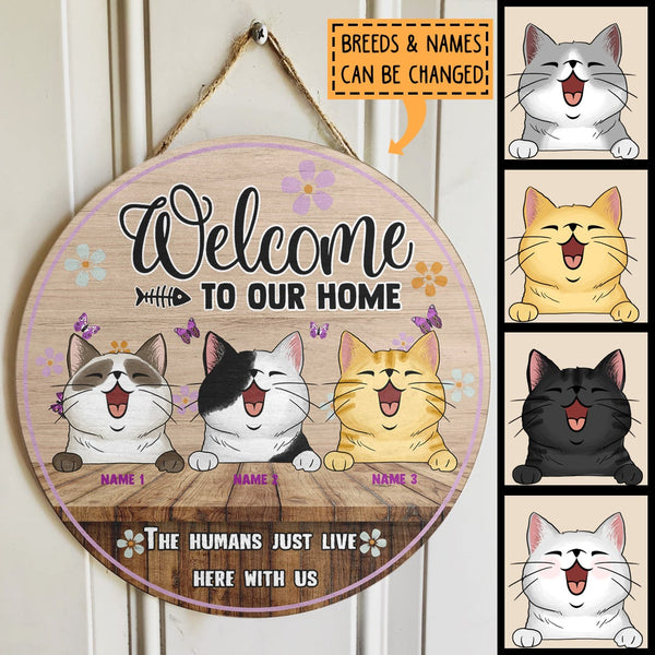 Welcome To Our Home - Purple Butterflies and Flowers - Personalized Cat Door Sign