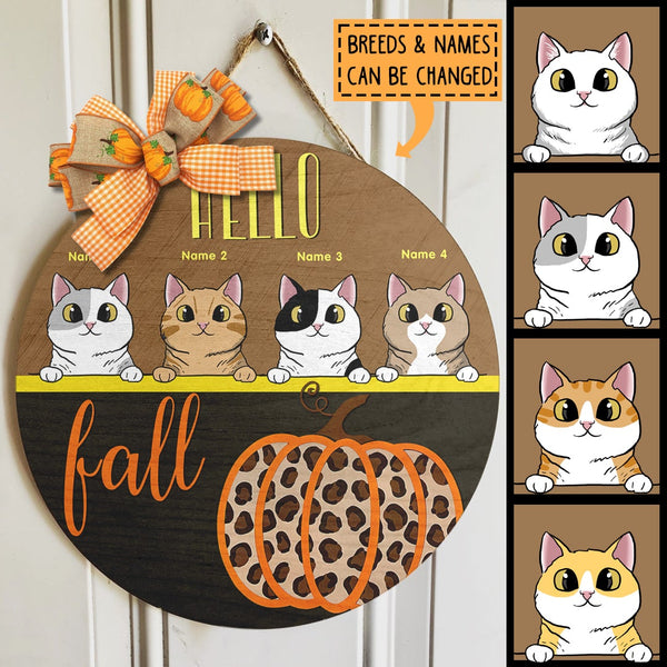 Hello Fall - Pumpkin Leopard Print - Personalized Cat Door Sign