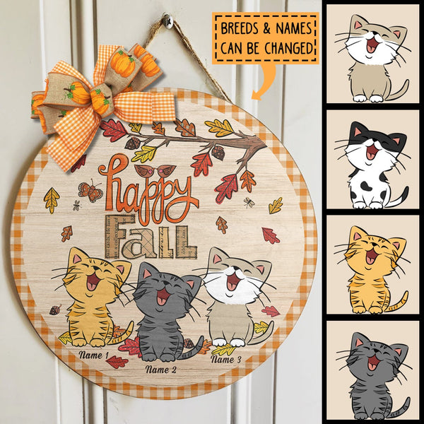 Happy Fall - Fallen Maple Leaves - Personalized Cat Autumn Door Sign