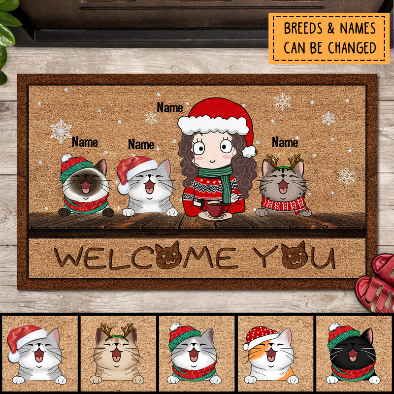 Welcome You, Girl & Cats Doormat, Personalized Cat Breeds Doormat, Christmas Home Decor