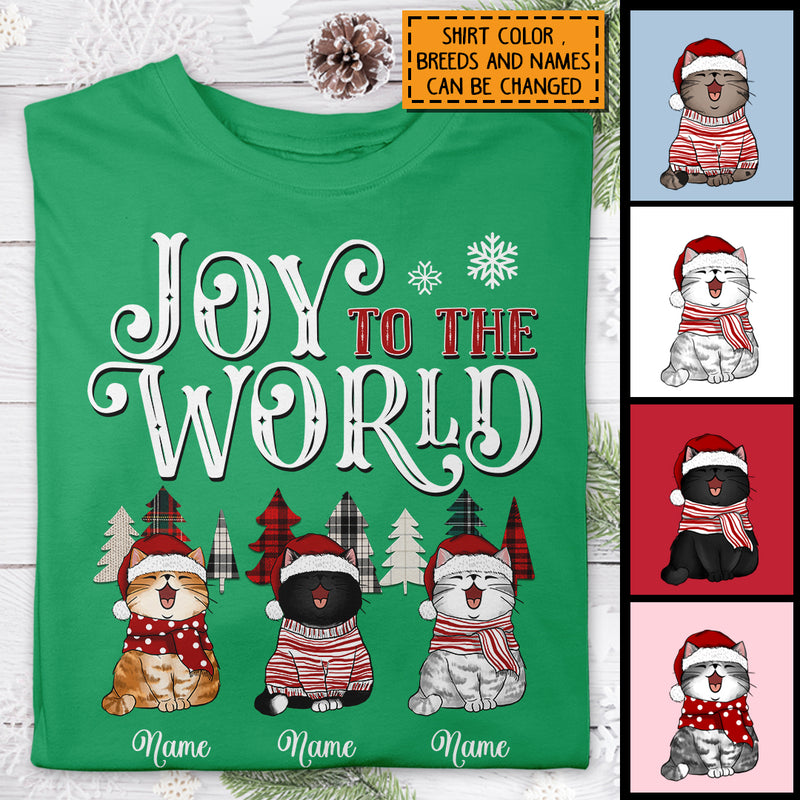 Joy To The World, Snow & Plaid Christmas Trees, Personalized Cat Breeds T-shirt, Xmas Gifts For Cat Lovers