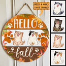 Hello Fall - Autumn Maple Leaves Decoration - Personalized Cat Fall Door Sign