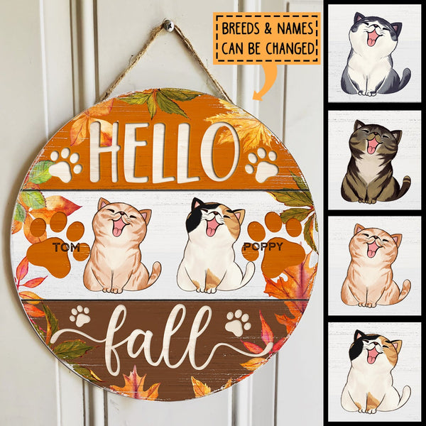Hello Fall - Autumn Maple Leaves Decoration - Personalized Cat Fall Door Sign