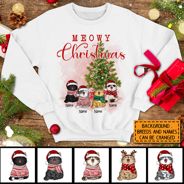 Meowy Christmas, Christmas Tree & Gifts, Personalized Cat Breeds Sweatshirt, Sweatshirt For Cat Lovers