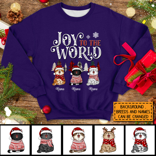 Joy To The World, Plaid Colors Pine Tree, Personalized Christmas Cat Breeds Sweatshirt