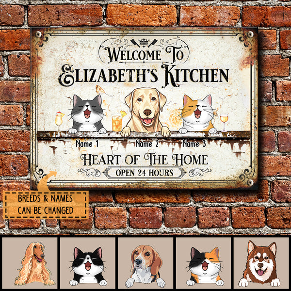 Welcome To My Kitchen Heart Of The Home, Welcome Sign, Personalized Dog & Cat Metal Sign, Kitchen Decor