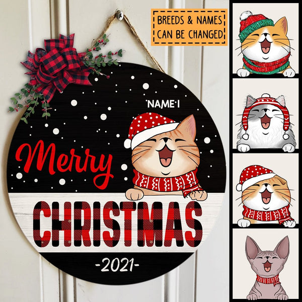 Merry Christmas - White Dots On Black Background - Personalized Cat Christmas Door Sign