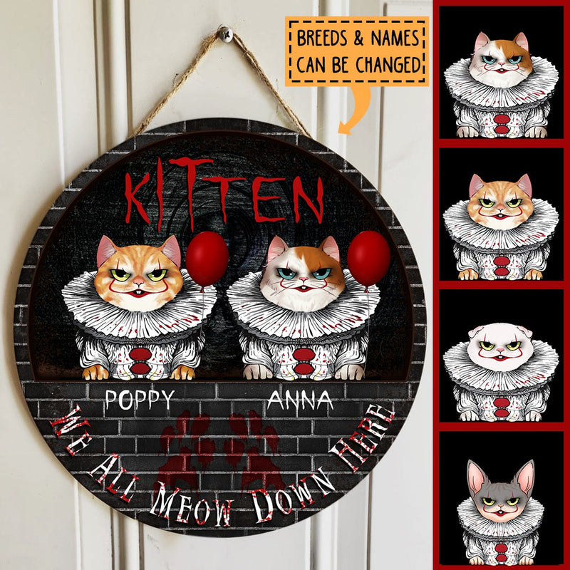 Kitten - We All Meow Down Here - Clown Cat - Personalized Cat Halloween Door Sign