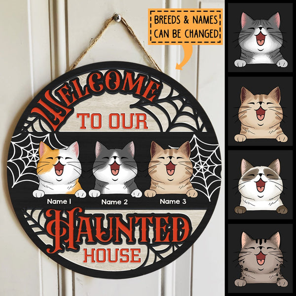 Welcome To Our Haunted House - Spiderweb - Personalized Cat Halloween Door Sign