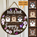 This Is Our Happy Place - Purple Butterflies and Flowers - Personalized Cat Door Sign
