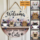 Welcome Hope You Like Cats - Purple Butterflies and Flowers - Personalized Cat Door Sign