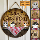 Life Is Better With Coffee And Cats - Pink Checkered Tablecloth - Personalized Cat Door Sign