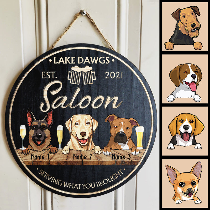 Saloon Serving What You Brought, Custom Background Colors, Dog & Beverage, Personalized Dog Breeds Door Sign